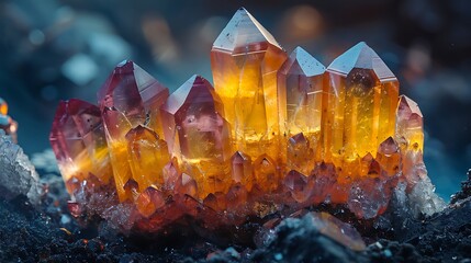 8K resolution image of a mineral crystal formation, faceted surfaces refracting light, vivid colors and internal structures visible, shot on professional DSLR camera, 