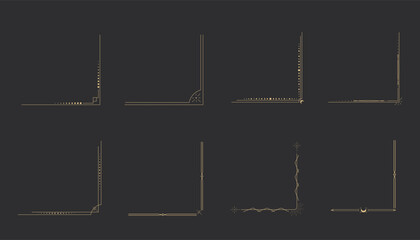 Celestial corner esoteric divider, gold border. Mystical line frame with moon and star. Golden mystic decoration, sparkle stars, sun. 