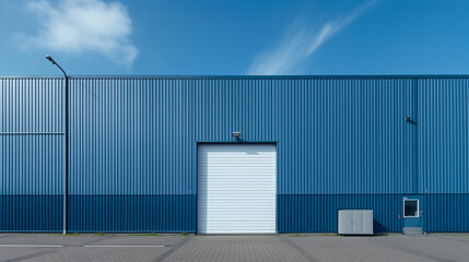 Exterior a blue industrial warehouse dock station exterior with blue metal cladding and white garage door. Commercial storehouse building, business unit, cargo factory, distribution, logistic business