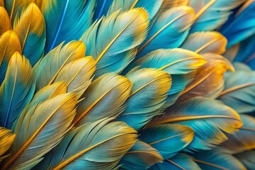 Fototapeta premium Vibrant light blue and gold closeup of tropical bird feathers showcasing intricate macro texture and fluffy details, forming a stunning abstract pattern with ample copy space.