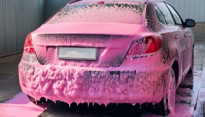 Car wash with pink foam. AI generated