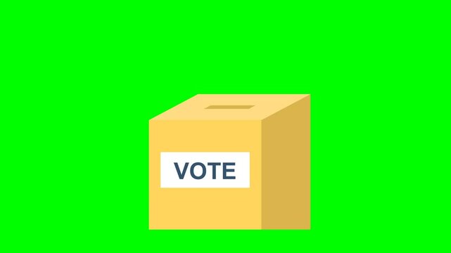 Voting yellow box. Ballot box falls from above. Inscription "VOTE" appearance. Urn, container. Referendum, debate, choice, expression of will. Presidential elections. 2d flat animation. Alpha channel