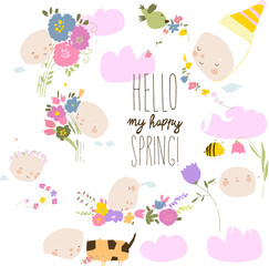 Set of Cute Little Angels with Spring Flowers. Vector Illustration