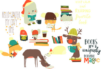 Vector Cartoon Set with Cute Animals reading Books