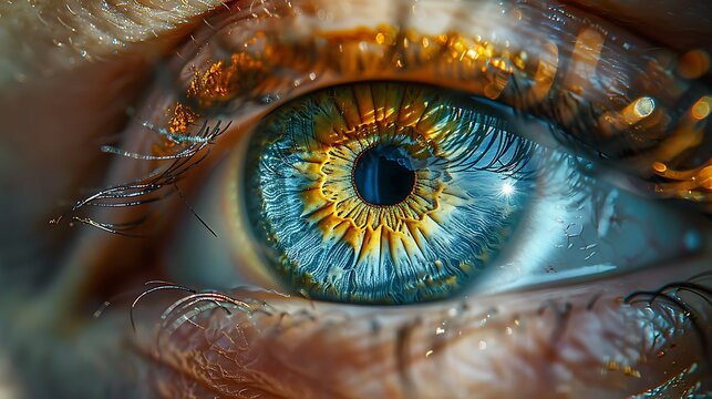 Extreme close-up of a human iris, intricate patterns and color variations visible, reflection of photographer in pupil, shot on professional DSLR camera, shallow depth of field, 