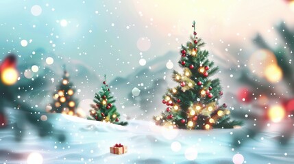 Christmas background with Christmas trees and decorations on snow, Christmas tree toy boxes, Christmas lights, Christmas background with bokeh effect.