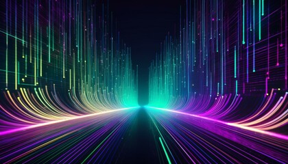 Digital wallpaper in style of matrix style data flows in neon colors, copy space. Presentation template. Generative AI