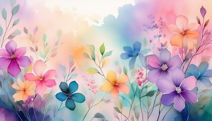 Obraz premium Elegant tiny flowers transparent watercolour background. Pastel colour palette. Generative AI