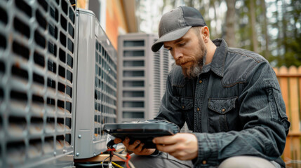 Close-up of a technician inspecting an air conditioning unit outdoors with tools.