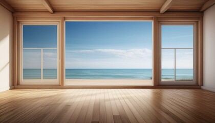 Fototapeta premium Empty apartment room with wooden floor of beach house. Sea view from windows. Copy space. Generative AI