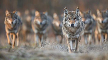 Full-length close-up of wolf pack leader with a blurry pack of wolves in the background. © Sana Sabina