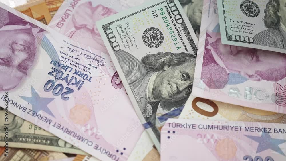 Poster turkish lira banknotes lie interspersed with dollar and euro underscoring harsh reality of high infl
