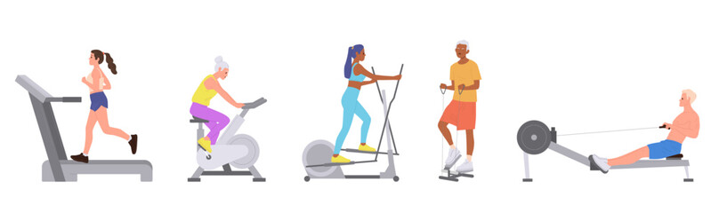 Fototapeta premium Active fitness people doing exercise workout on gym cardio machine set isolated on white background
