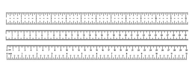 Image Of Three Linear Vector Measuring Rulers Are Marked With Both Inches And Centimeters, Measurement Tools