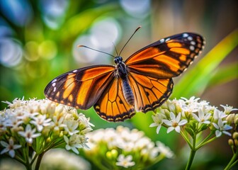 Fototapeta premium Vibrant orange and black striped butterfly delicately rests on soft white petals of blooming flowers, surrounded by subtle blur, emphasizing nature's gentle beauty alone.