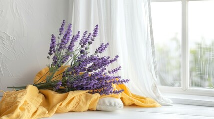 Indoors, lavender flowers and yellow shirt on a white table. Room for text