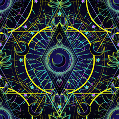 Sacred Geometry seamless pattern. Hindu symbols of wisdom and path to perfection. Tattoo, yoga background, Buddhism design, print, poster, t-shirt, textile. Repeating vector illustration.