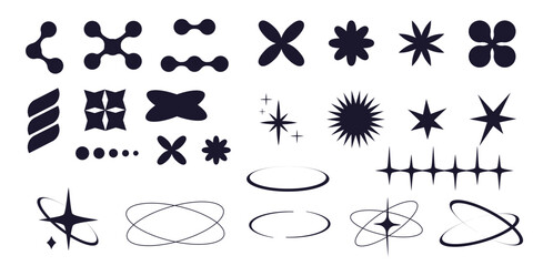  Set of y2k minimal geometric shapes thin line rings, abstract aesthetic element illustrated for banners, social media, poster design, sticker. Trendy design with frame, sparkles, star, lines