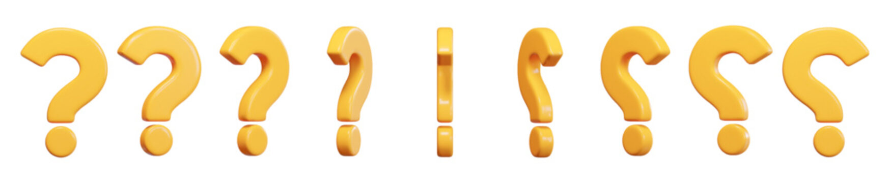 3d set of yellow question mark with different angles for animation. Faq problem solution symbol. Vector illustration on isolated background.	