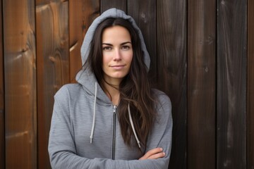 Fototapeta premium Portrait of a tender woman in her 30s sporting a comfortable hoodie in rustic wooden wall