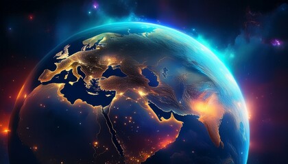 Panoramic view on planet Earth globe from space. Glowing city lights, light clouds. Generative AI