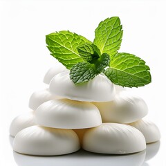 Pile of white mints candy with a green mint leaves. Generative AI