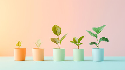 pastel-colored pots with sprouts stand on a multicolored pastel colors background. gardening and home plants concept