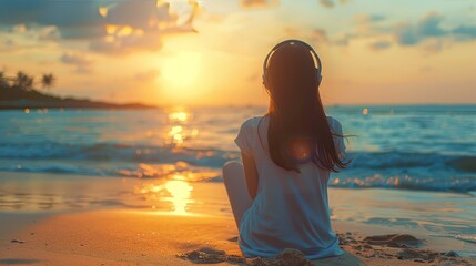 Fototapeta premium A young girl sitting on the beach, wearing headphones