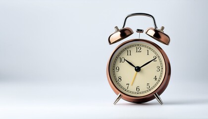 Retro alarm clock on white uniform background. Time to work or get up concept. Generative AI