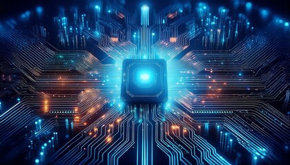 Technology digital binary data on microchip with glow circuit board. Digitalization of Neural Networking. Generative AI