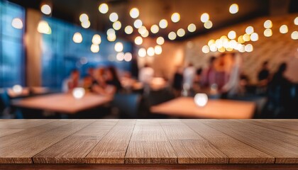Table restaurant. Wooden kitchen or bar table on blurred interior of the evening restaurant hall with lights and visitors.