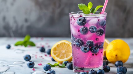 Blueberry lemonade with mint, blueberries, and lemon slices on table