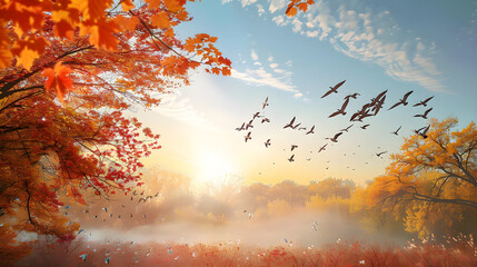 Flock of Canada geese flying in a V formation during autumn migration in the sky.