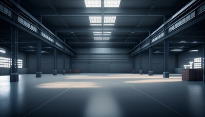 Three dimensional render of dark empty warehouse. AI generated