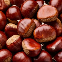 Obraz premium Top view on heap of chestnuts. Pile of ripe chestnuts for food background. Generative AI