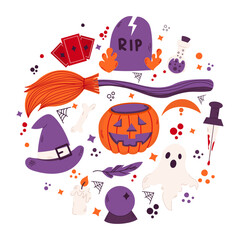 Small Halloween collection. Jack's lamp, coffin, grave, ghost, witch's hat and broom, potion, cauldron.