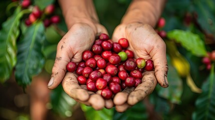 closeup of harvesting coffee at a rural community farm in Brazil