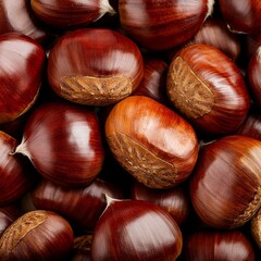 Obraz premium Top view on heap of chestnuts. Pile of ripe chestnuts for food background. Generative AI