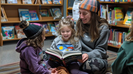 A woman joyfully reads a book to two young children in a cozy library setting with colorful bookshelves.