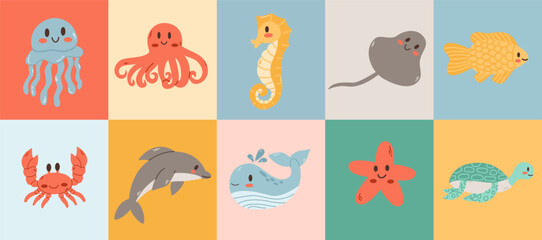 Vector illustration of underwater world concept background.Marine animals collection