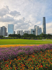 Flowers with modern building in Guangzhou China.