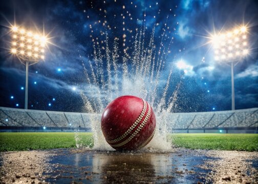 A highly detailed image of a cricket ball coated in water droplets bouncing on a wet cricket pitch, highlighted by the beams of floodlights, creating a dramatic and energetic atmosphere in the rain