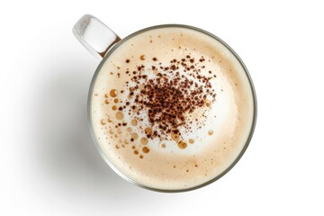 Delicious cappuccino coffee in glass cup on white background: top-down view of hot beverage for cafe menu and coffee shop
