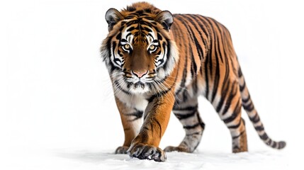 Obraz premium Striking Bengal Tiger Walks Forward with Piercing Eyes on White Background