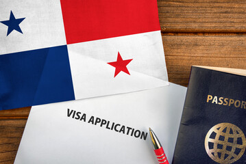 Visa application form, passport and flag of Panama