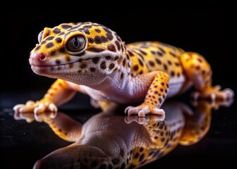 A serene leopard gecko rests comfortably against a dark black background, showcasing its vibrant spots and calm demeanor, with ample copy space for customization.