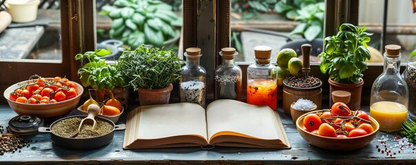 Healthy food recipes book surrounded by fresh ingredients, healthy recipes, nutritional cooking