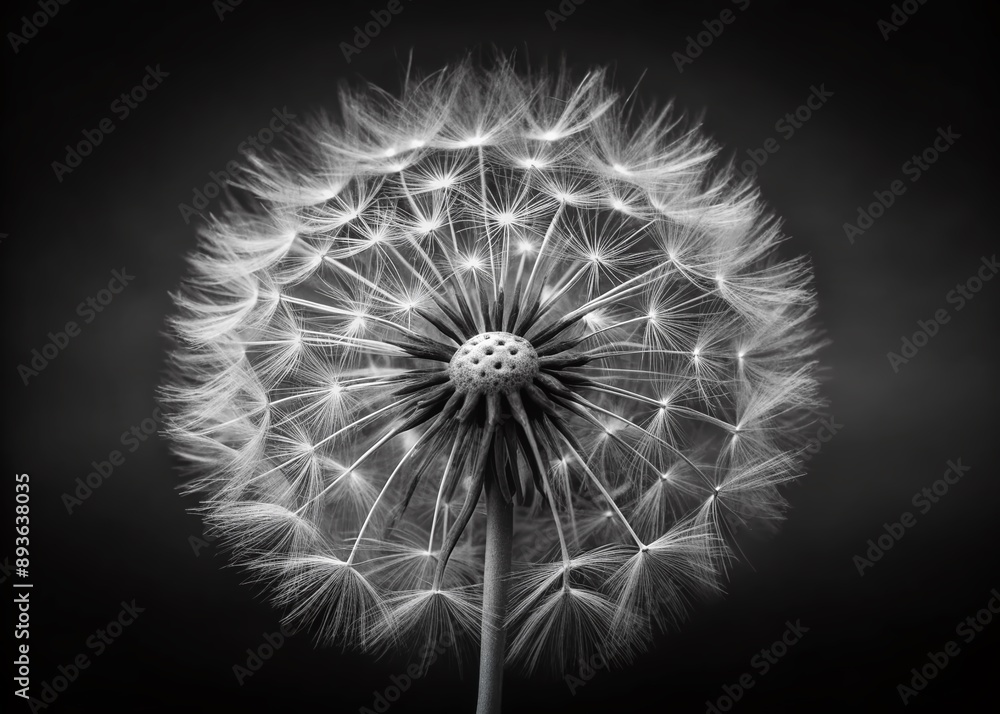 Poster stunning black and white closeup of a delicate dandelion flower on a dark background, creating a str