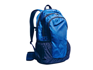 Blue backpack for use when traveling in the forest.