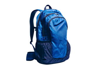 Blue backpack for use when traveling in the forest.